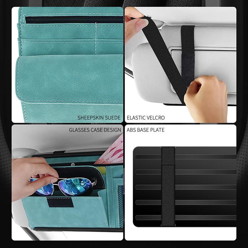 Blue Faux Suede Car Sun Visor Organizer with Spring Strap - Multi-Functional Eyewear Case & Card Holder — image 5