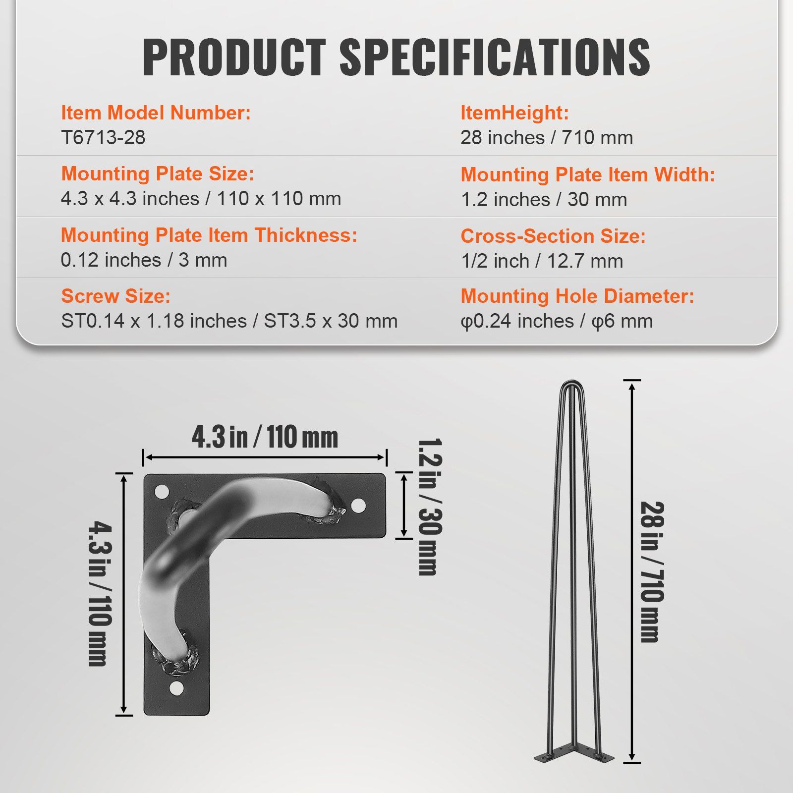 Hairpin Table Legs 28 Inch Set of 4, Heavy Duty 3-Rod Steel Desk Legs with 900 lbs Load Capacity, Carbon Steel Furniture Legs with Rubber Floor Protectors for — image 4