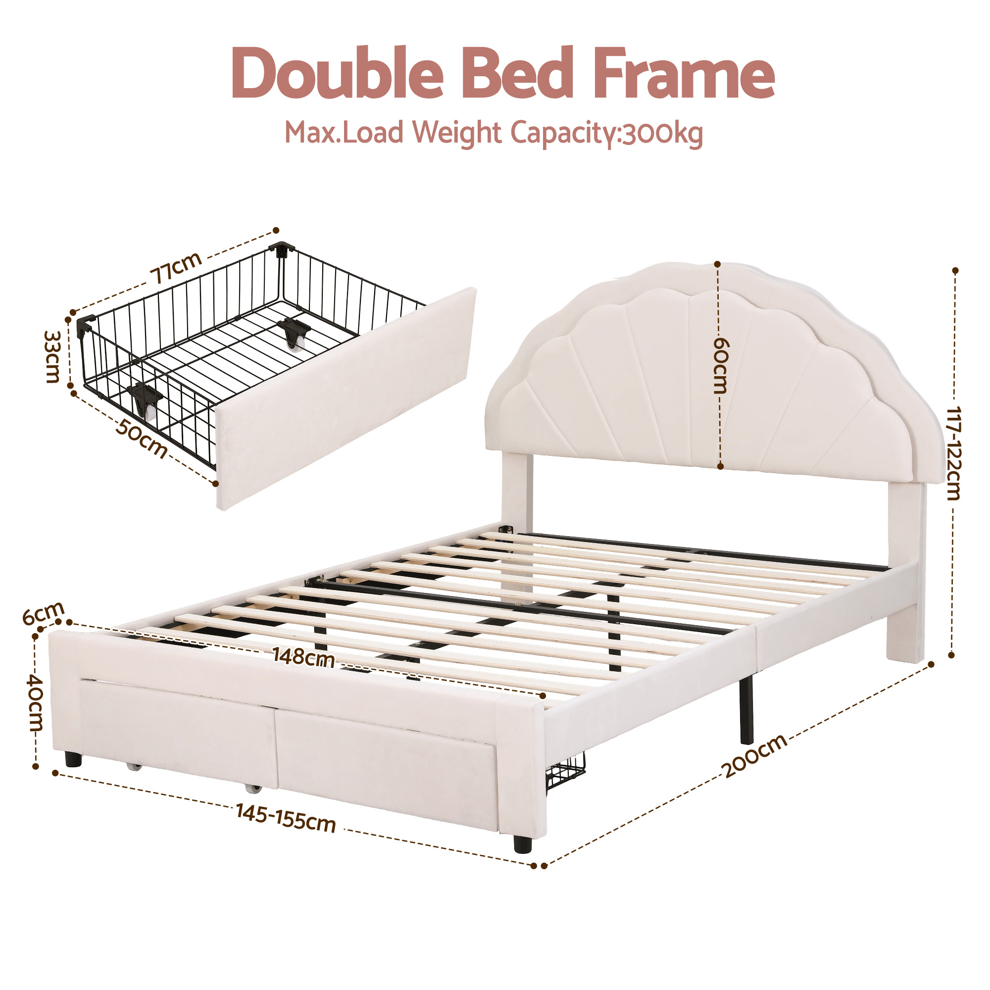 Artiss Double Bed Frame with 2 Storage Drawers Upholstered Velvet Platform Bed LED Headboard — image 2