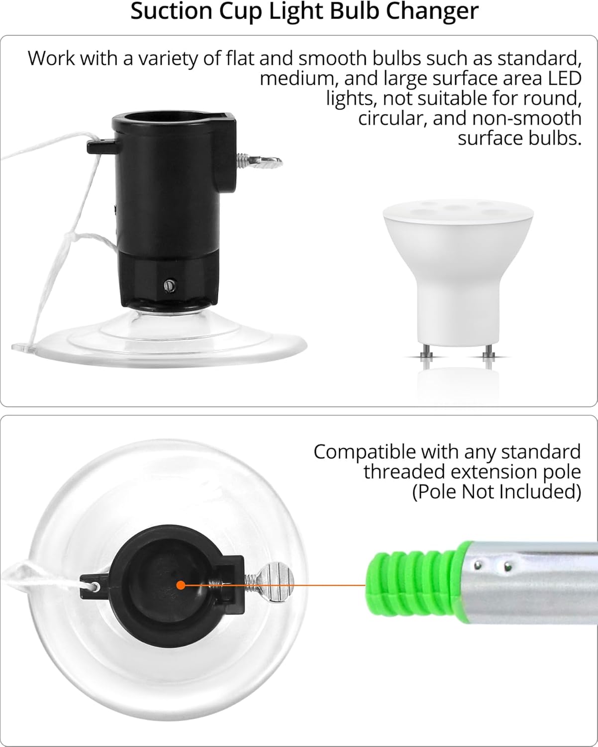 Professional Light Bulb Changer Kit - 3 Piece Set - Extension Pole Compatible, for High Ceiling Incandescent Bulbs with Standard, Floodlight & Recessed Changer — image 3