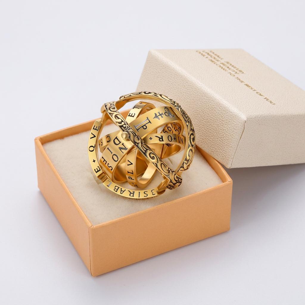 Golden US 9 Transformable Astronomical Sphere Ring - Alloy - 2-in-1 Ring and Pendant Design, Rotating Globe Structure, Retro Cosmic Style, Unisex Fashion