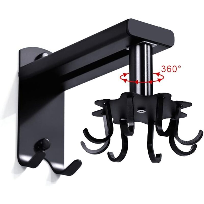 Rotating Wall Hook for Kitchen, 360 Rotatable Kitchen Utensil Holder, Wall Mounted Kitchen Utensil Holder with 8 Hooks for Bathroom and Kitchen, Black — image 4