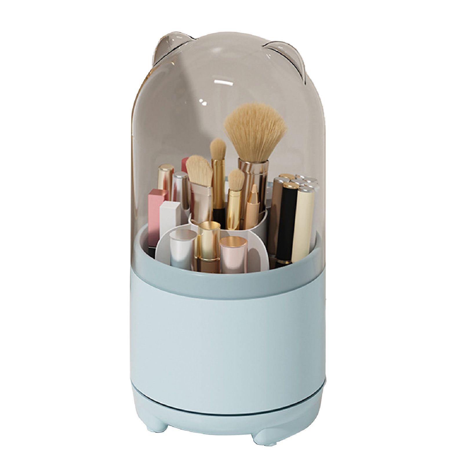 Makeup Brush Storage Container 360 Degree Rotating Dust Prevention Transparent Lid Large Capacity Makeup Brush Holder Blue