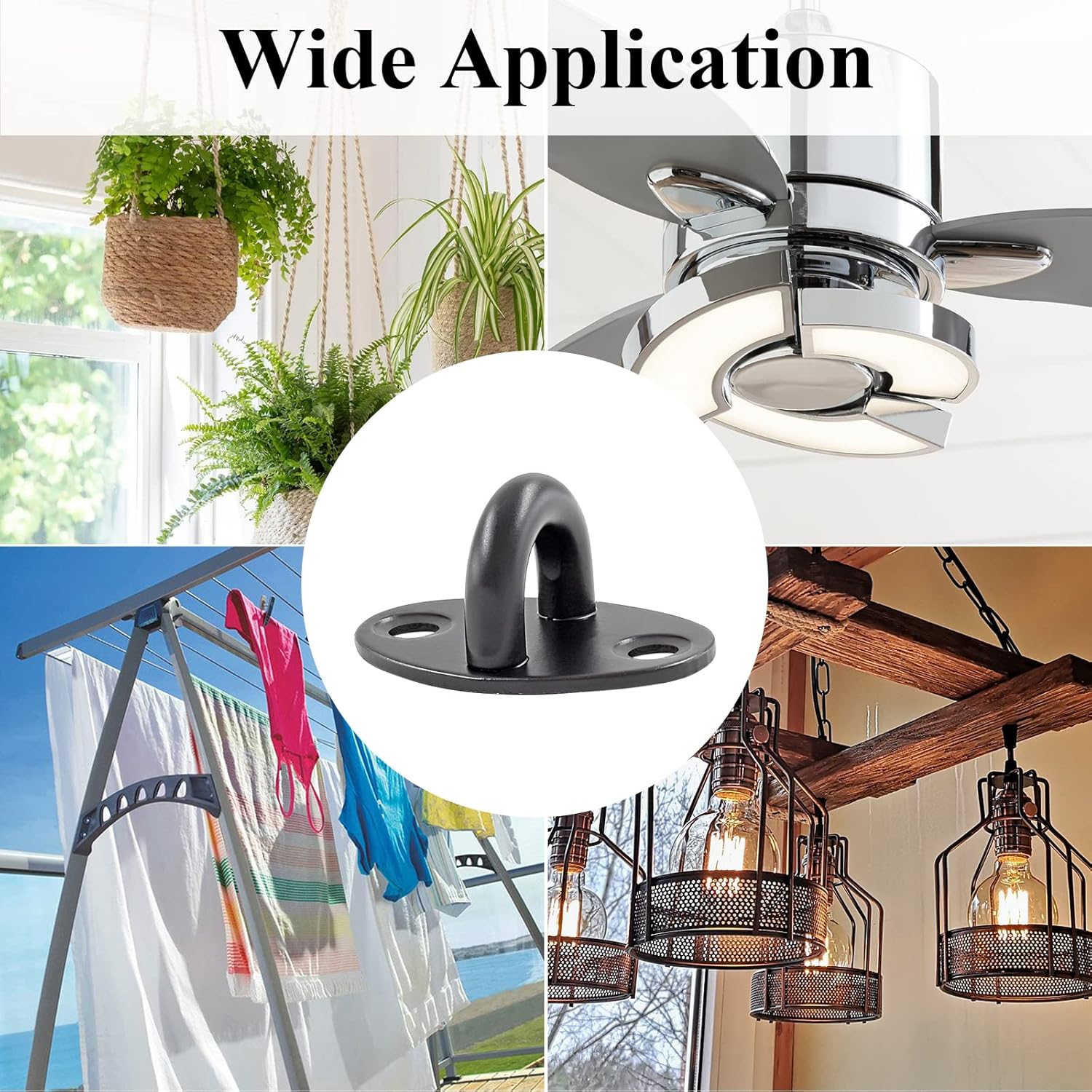 Biaungdo 6 Pcs Stainless Steel Ceiling Hooks, Black 1.54" x 1.06" Pad Eyes Plate Marine Hardware Ceiling Hooks with Screws & Expansion Tube — image 6