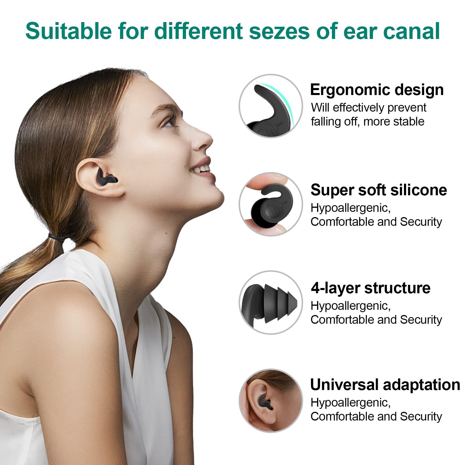 Swimming Ear Plugs for Adults,3 Pairs Waterproof Reusable Silicone Swim Earplugs for Swimming Surfing Snorkeling Showering — image 2