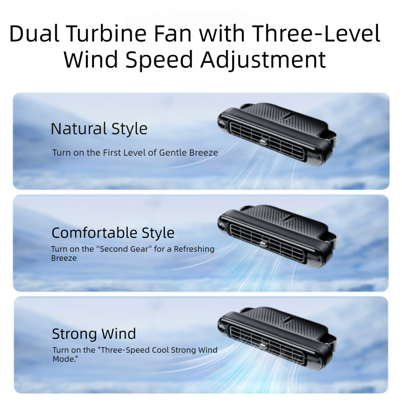 Black Car Seat Back Headrest Fan USB Powered Dual Turbine Bladeless Cooling Fan with 3 Speeds — image 3