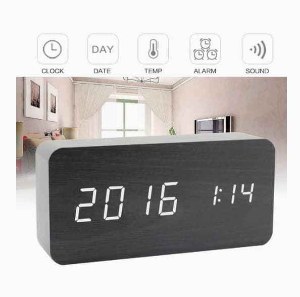 Brown Digital LED Alarm Clock with USB Charger, 12/24h LCD Display, Silent Wooden Design for Bedrooms and Travel — image 6