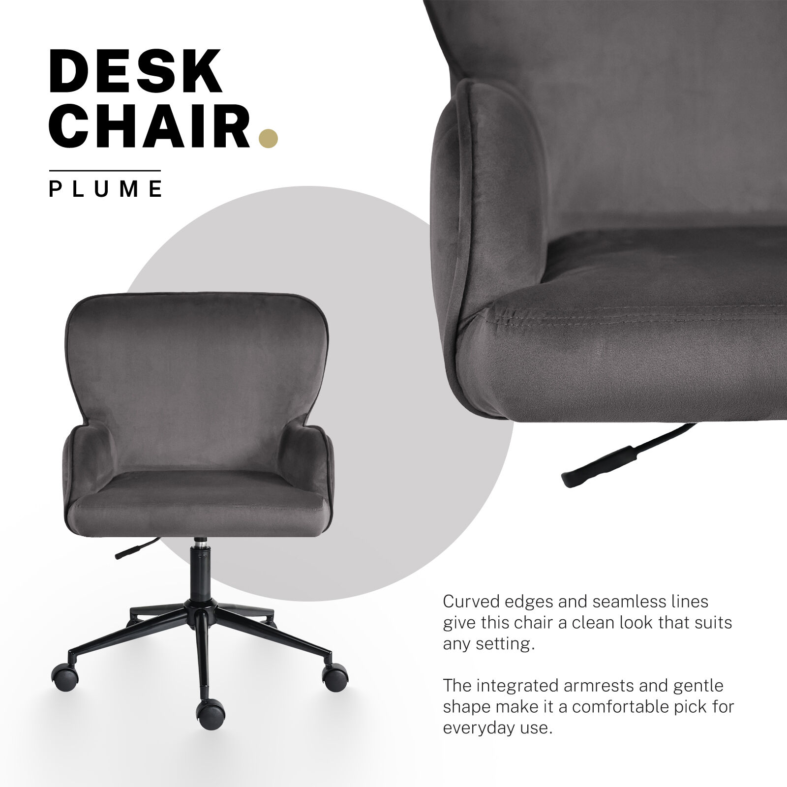 Desk Armchair - Home Office Swivel Chair Adjustable Height Seat PLUME GREY — image 3