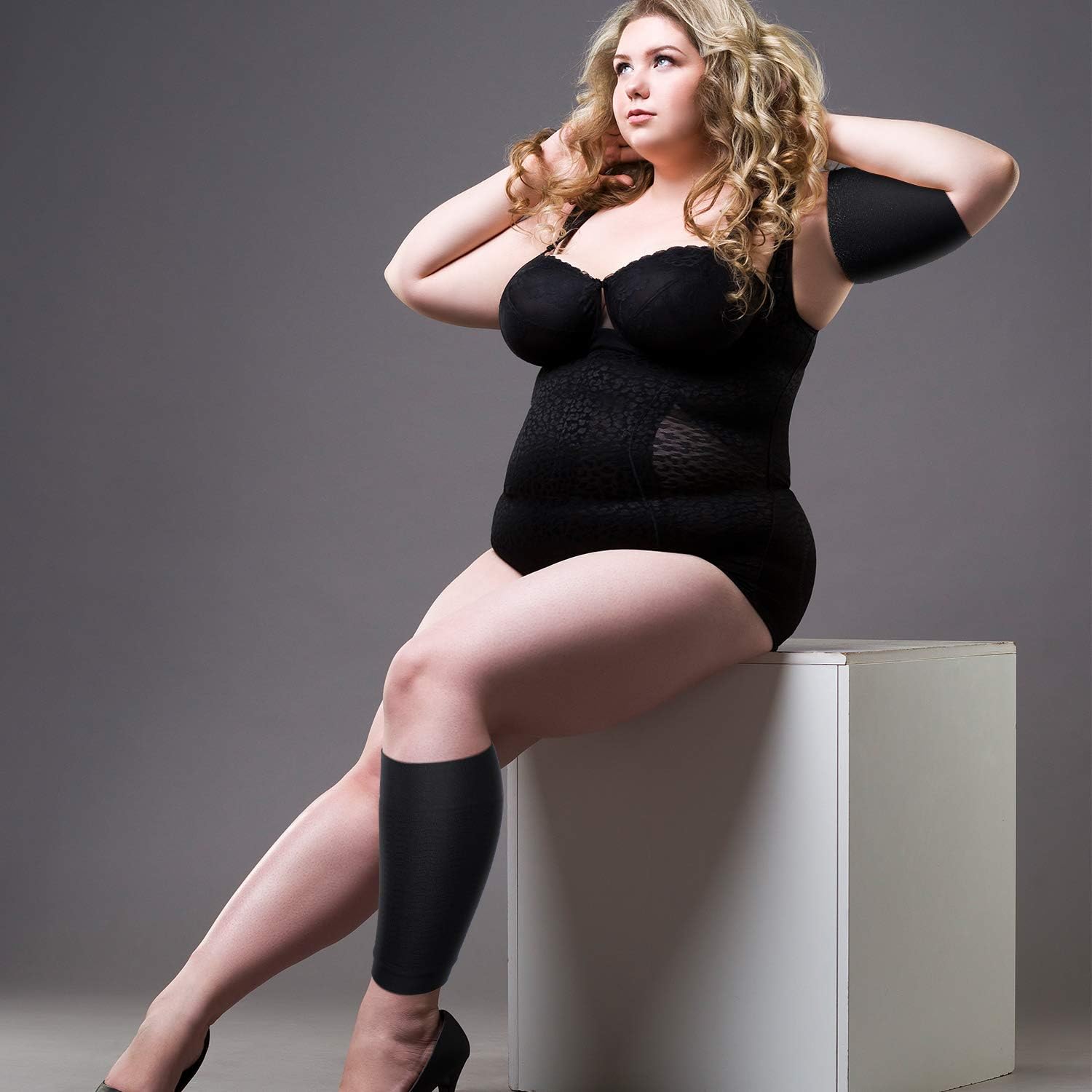 2 Pairs Women Arm Shapers Plus Size Slimming Compression Sleeve Slim Upper Flabby Arm Wrap and 1 Pair Calf Compression Sleeves, Suitable for Circumference 7 — image 6