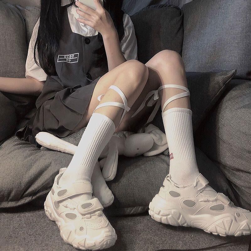 Cross-Tie Women Lolita Socks Bandage Stockings Korean Style Middle Tube Socks - White+Black — image 5