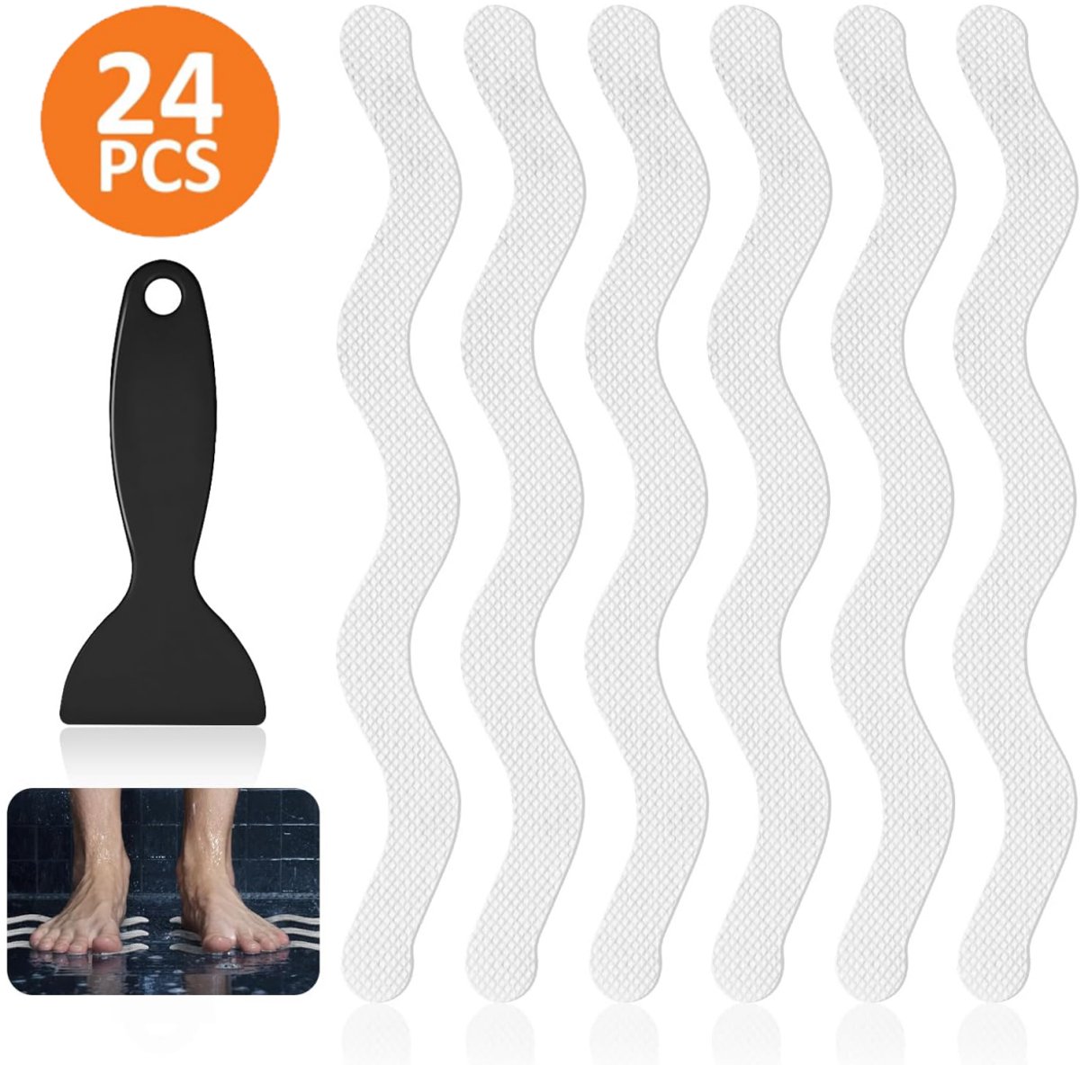 24 pieces - anti-slip stickers - 18 × 1.3cm - S-shape - anti-slip bath stickers - anti-slip shower stickers - safety strips for baths - for stairs, showers and