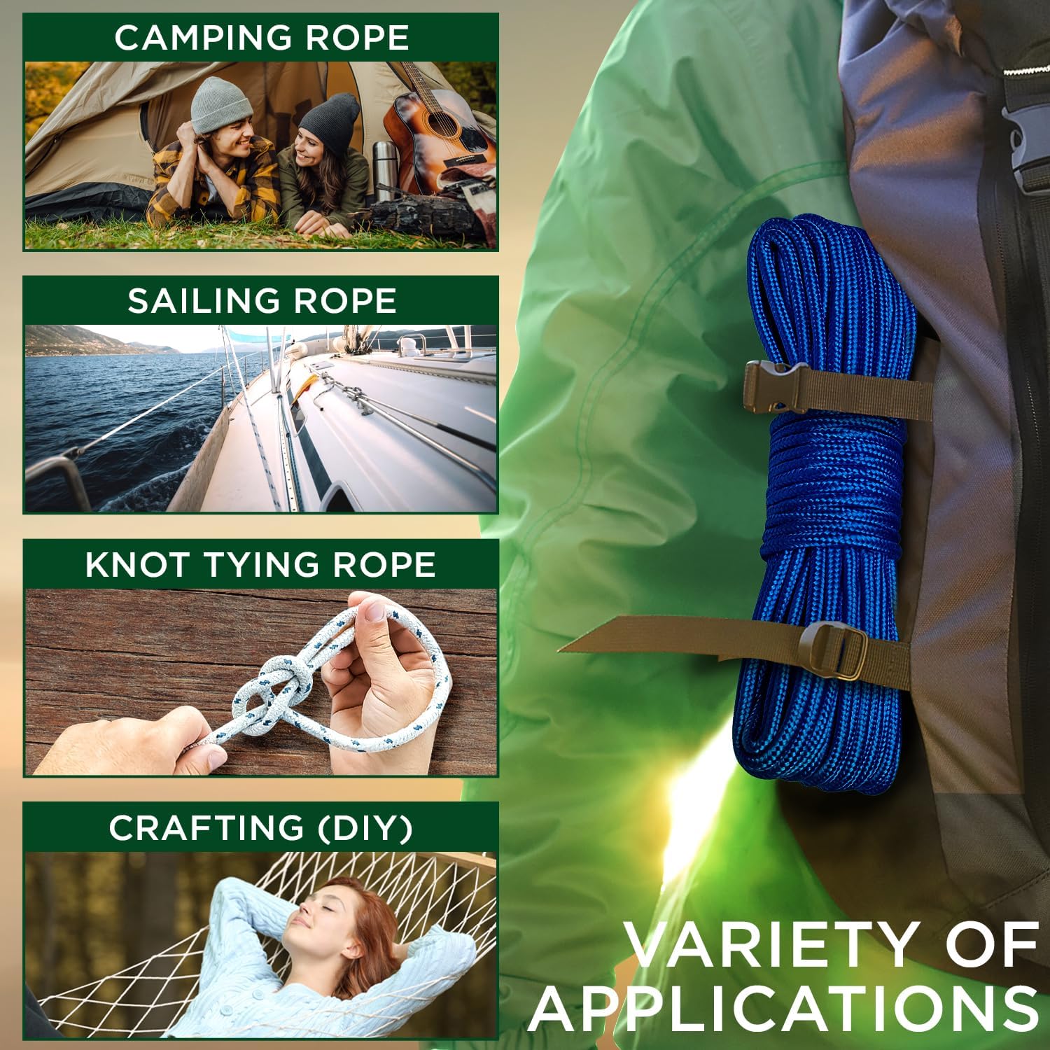 Rope – 90 Feet x 1/4 Inch (7mm) – Blue – Strong All-Purpose Utility Rope – Camping, Crafting, Flag Pole, Indoor & Outdoor – Polypropylene Nylon Poly — image 5