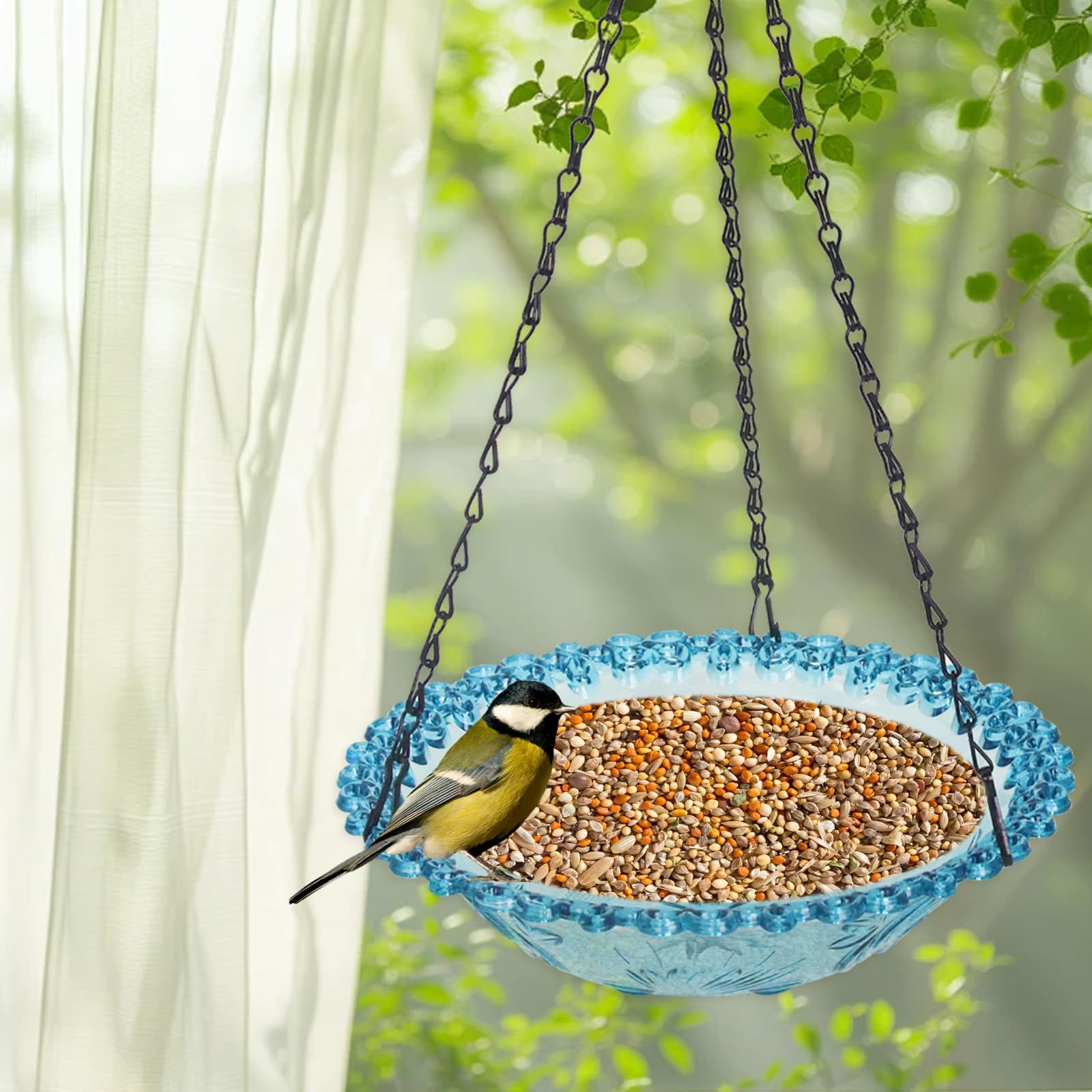 Bird Bath Hanging Seed Feeder Garden Plate Hanging Tray for Wild Backyard Attracting Birds (Blue- single layer) β image 2