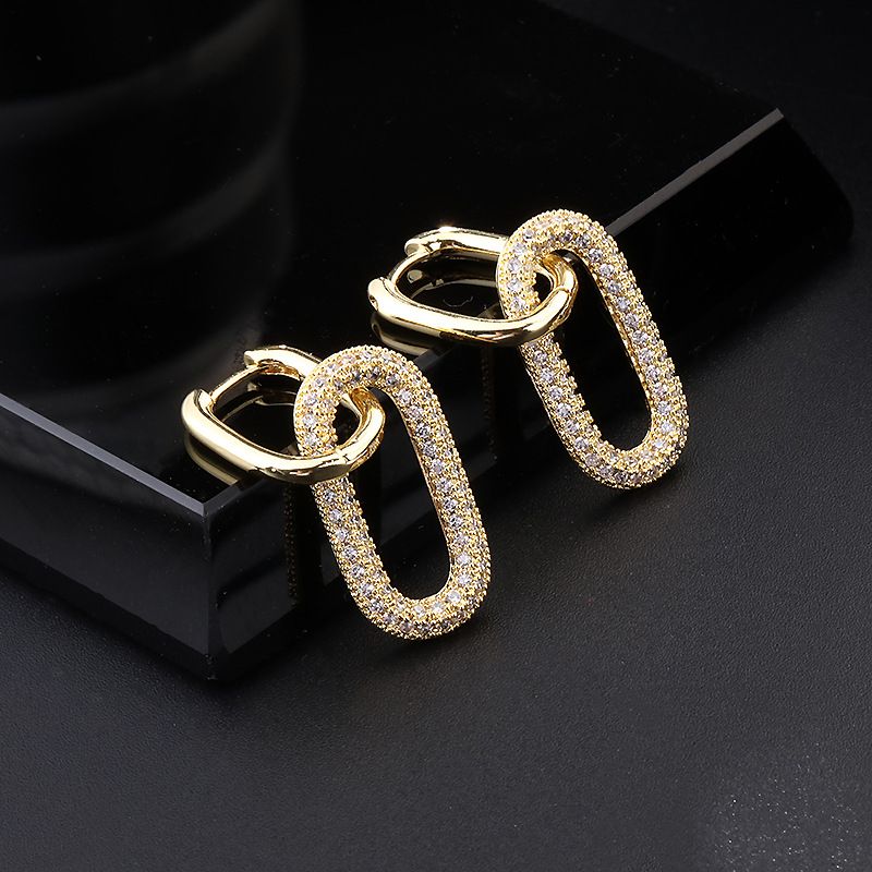 Chain Link Dangle Earrings for Women with Cubic Zirconia Stones – Gold Plated Square Oval Round U Shape — image 4