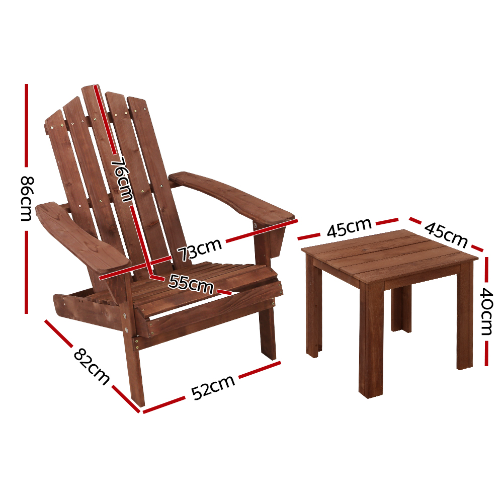 Gardeon 3PC Adirondack Outdoor Table and Chairs Wooden Beach Chair Brown โ image 2