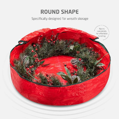 Christmas Wreath Storage Container 30 Inch - Wreath Bag for Artificial Wreaths Box - Dual Zippered Wreaths Storage Bag with Strong Durable Handles - Red โ image 3