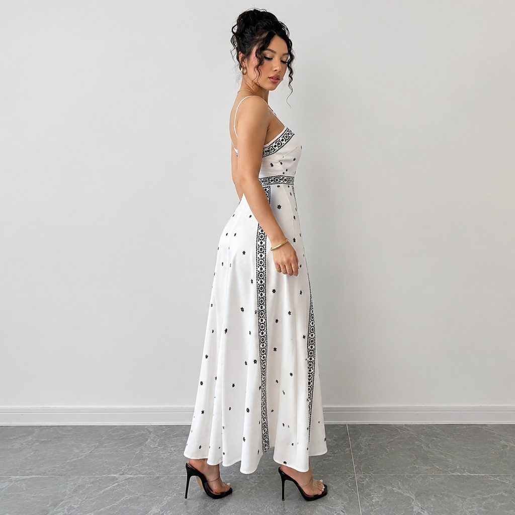 Women's White Boho Print Maxi Dress S Size - Stretch Polyester Fabric, Spaghetti Straps, Fitted Waist and A-Line Silhouette for Spring Summer Beach Vacations โ image 5