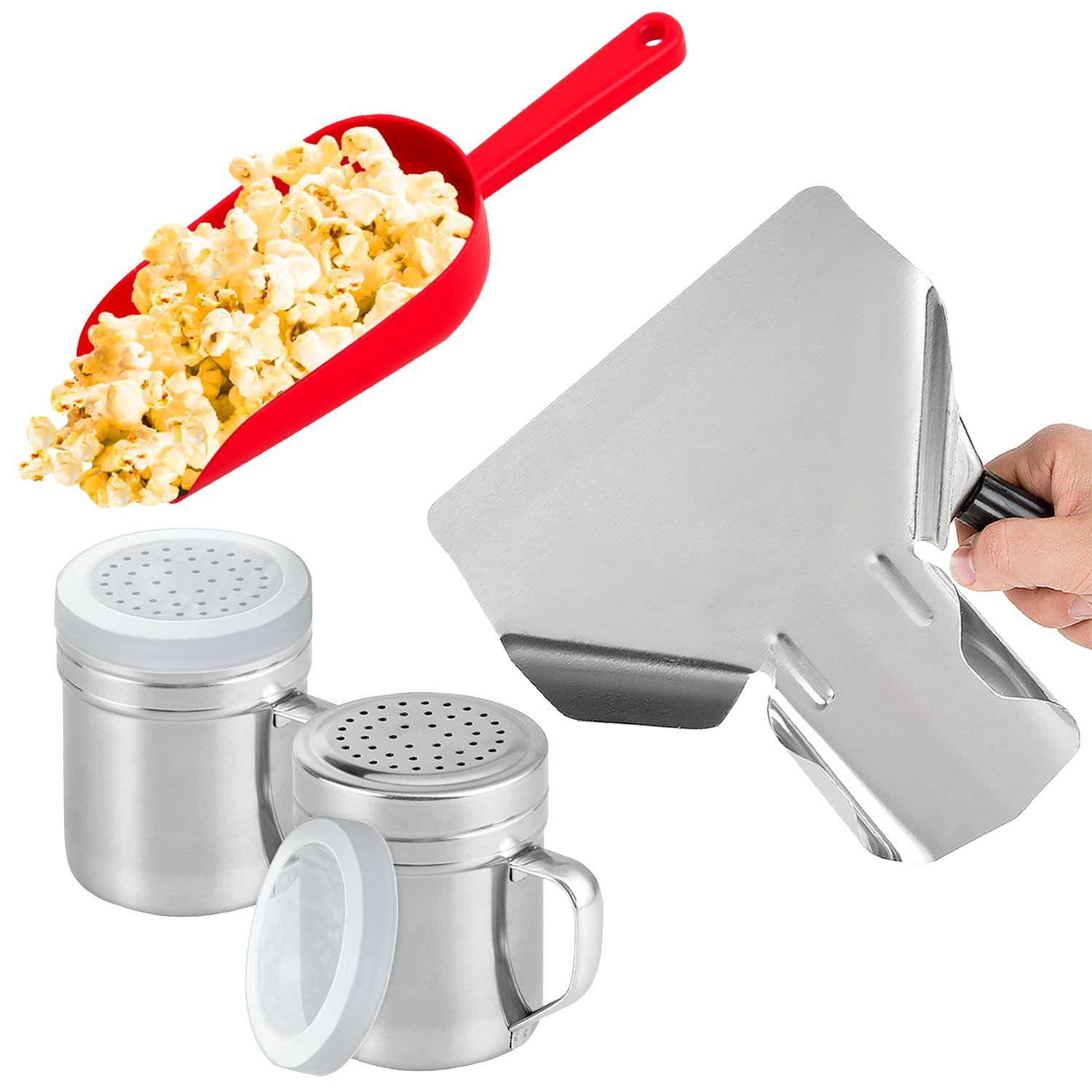 (12 + 16 oz) Metal + Red Plastic Concession Popcorn Scoop + 2-pcs 10 Ounce Salt Pepper Dredge Shakers (Medium Holes) with Lids and Handles Bundle