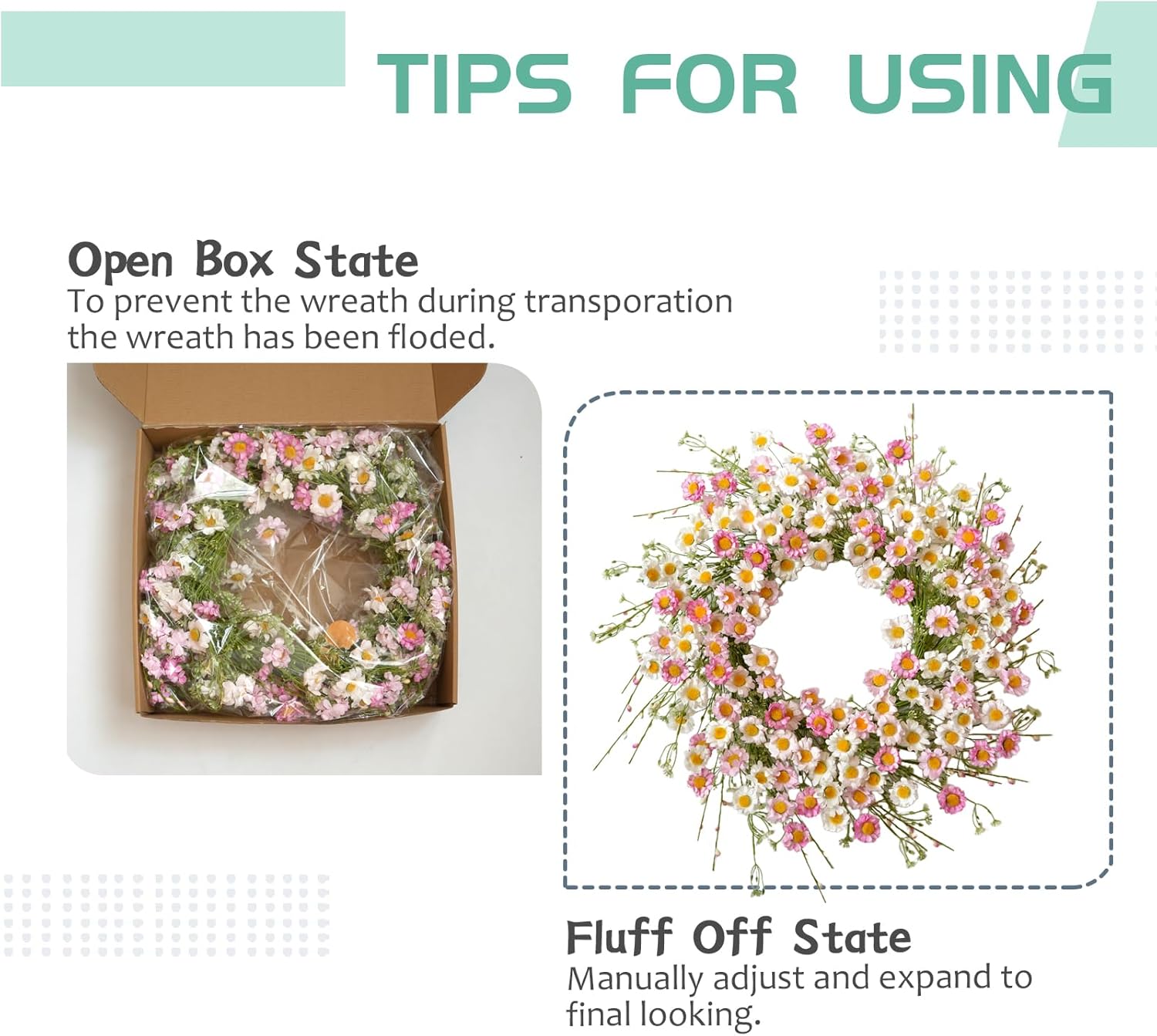 24 Inch Spring Wreaths for Front Door - Artificial Flower Wreath with Baby Pink & Cream Daisy, Summer Floral Wreath for Front Door, Farmhouse Spring Door โ image 6