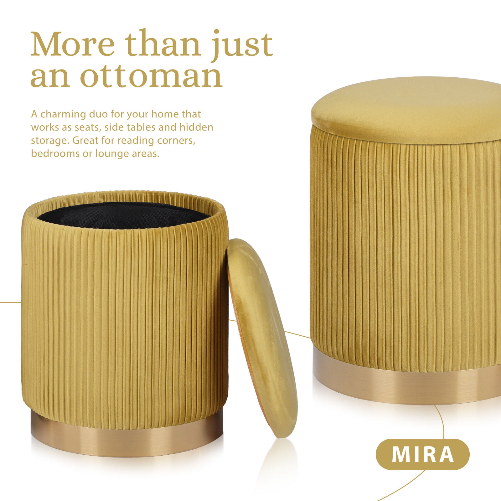 2X Side Table Storage Ottoman - Velvet Stool MIRA Mustard โ image 3