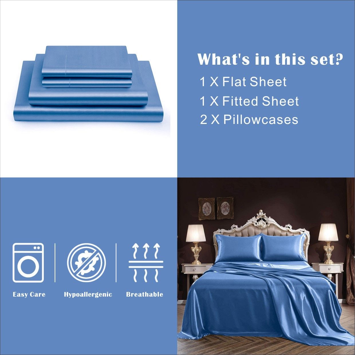 Art Silk Satin Sheet Set Hotel 4 Pieces Fitted/Flat Sheet Bedding Set-Luxury Soft Silky Sheets for Hair and Skin, Similar to Silk Bed Sheets Set 4 — image 5