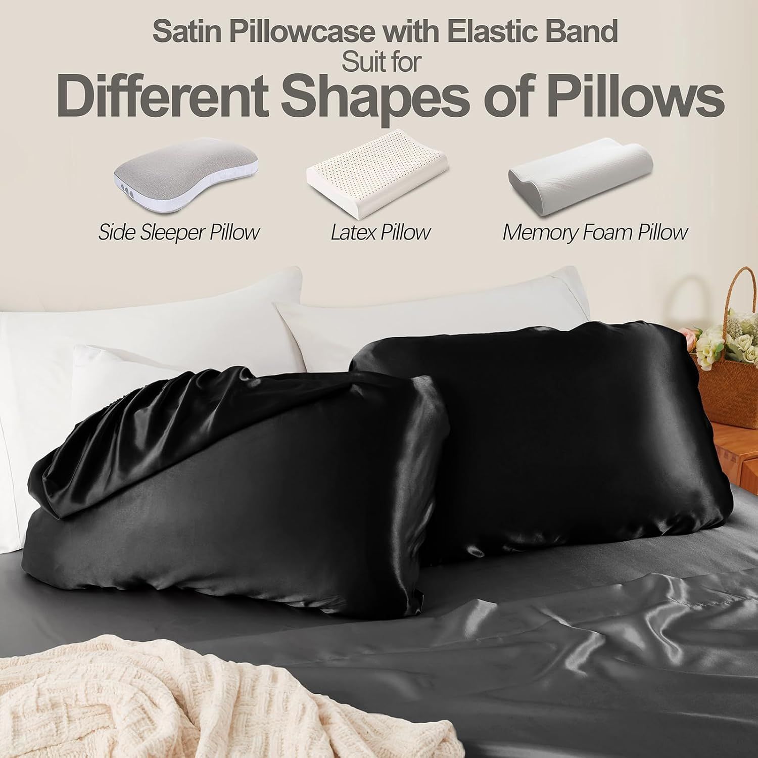 2 Pack Navy Blue Satin Adjustable Pillowcases Set of Standard Size 20x26" - Soft Faux Silk Travel Covers for Hair & Skin, with Elastic Band Fit โ image 3