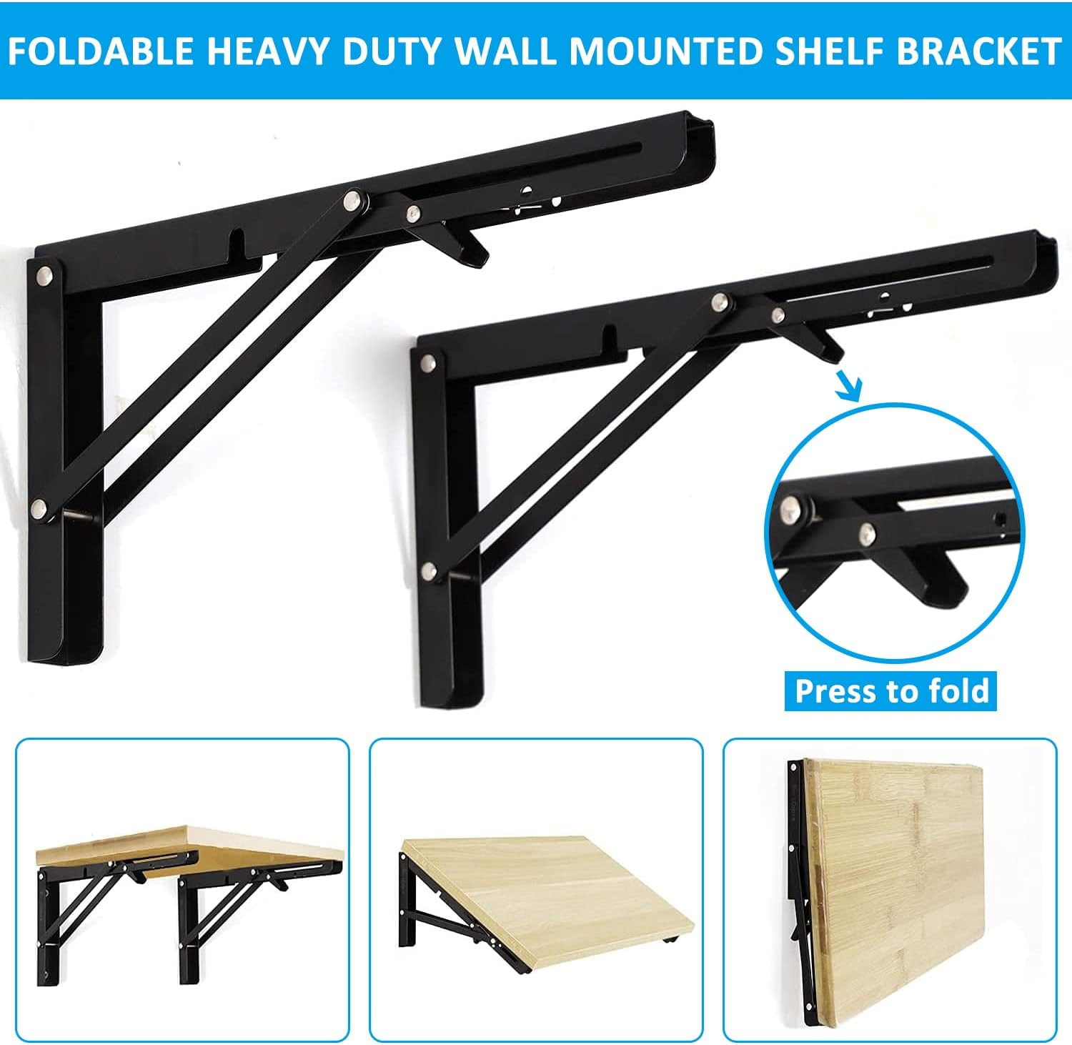 2 Pack 12 Inch Folding Shelf Brackets, Heavy Duty Metal Wall Mounted Triangle Table Bench Max Load 220lb Collapsible Shelf Hinge with Screws for DIY Bracket โ image 4