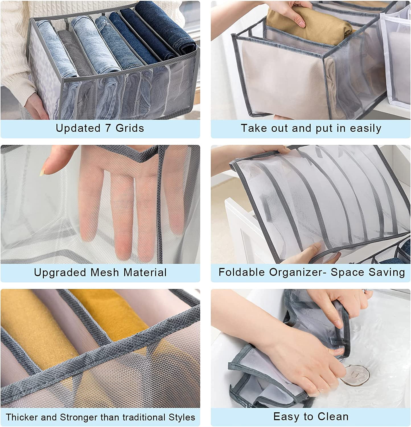 Wardrobe Clothes Organizer for Jeans, Upgraded Drawer Organizers for Clothing with Handle Foldable, Drawer Organizers Clothes(Gray,1PCS-M) 2PCS-7 Cell(L+ M) β image 3