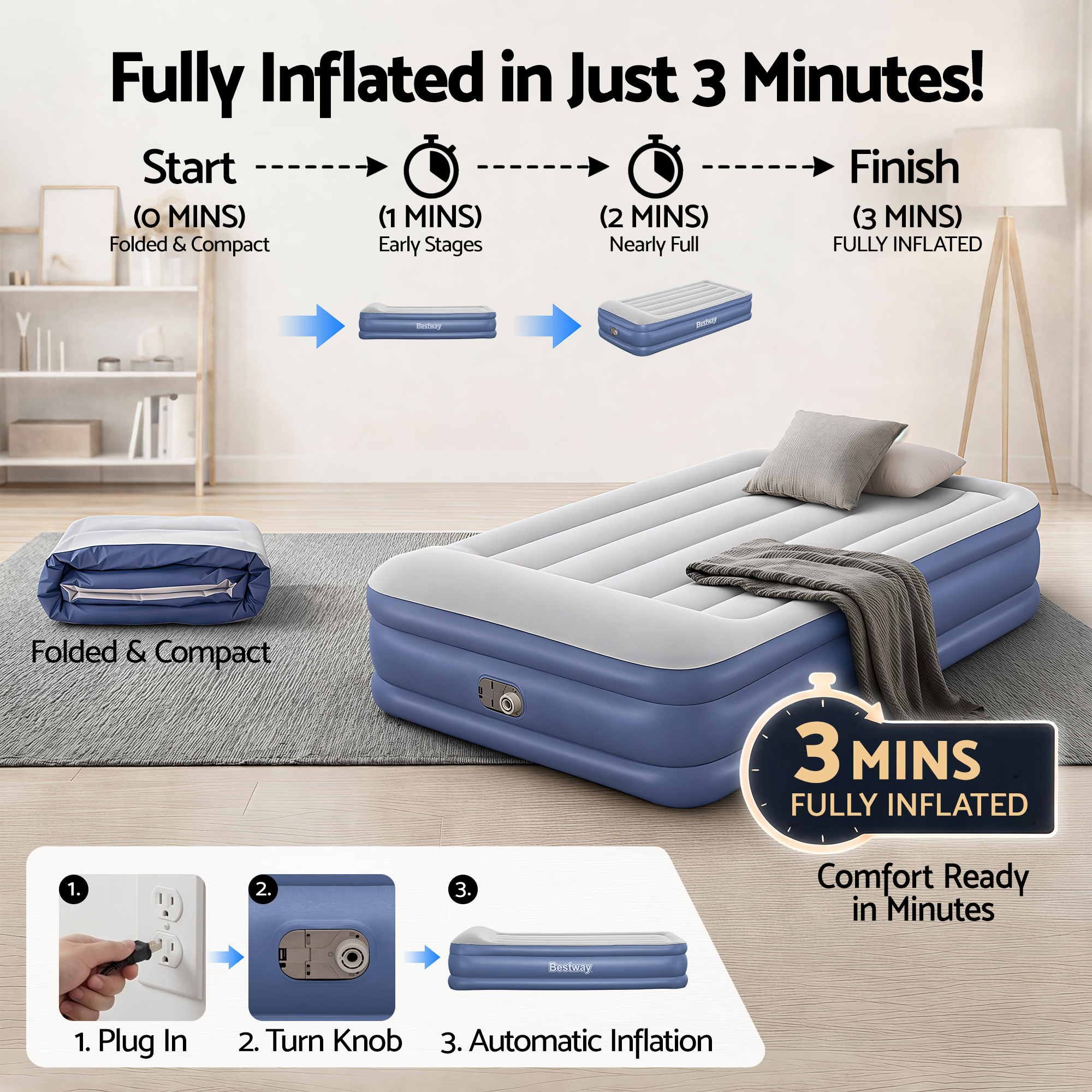 Bestway Single Air Mattress with Built-in Pump Tritech Inflatable Bed 46cm โ image 5