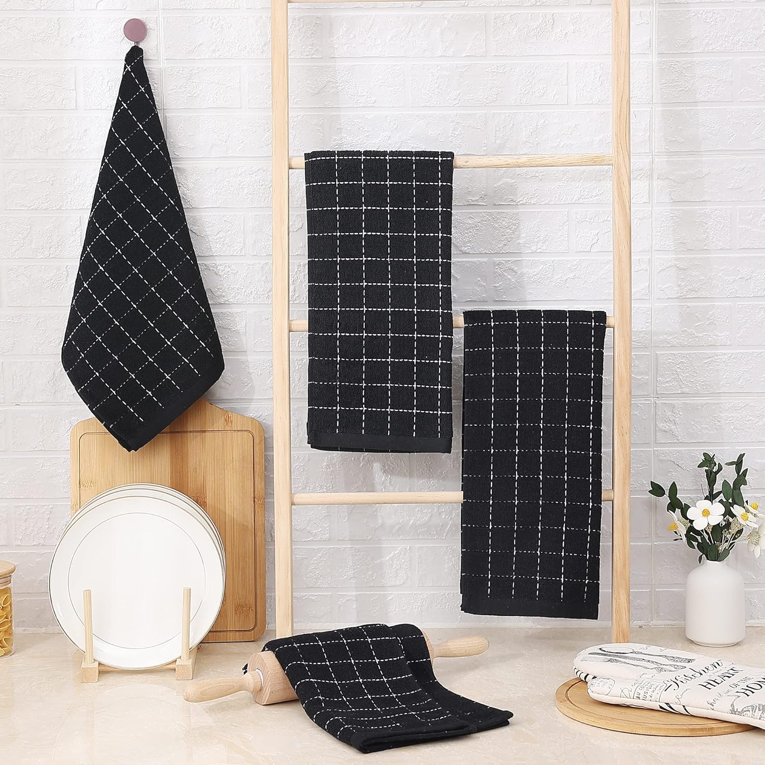 Homaxy Kitchen Towels 16 Pack, 100% Cotton Terry Checkered Black, 13 x 28 inches & 12 Pack Coral Velvet Dish Towels 10 x 10 Inches, Dark Grey โ image 6