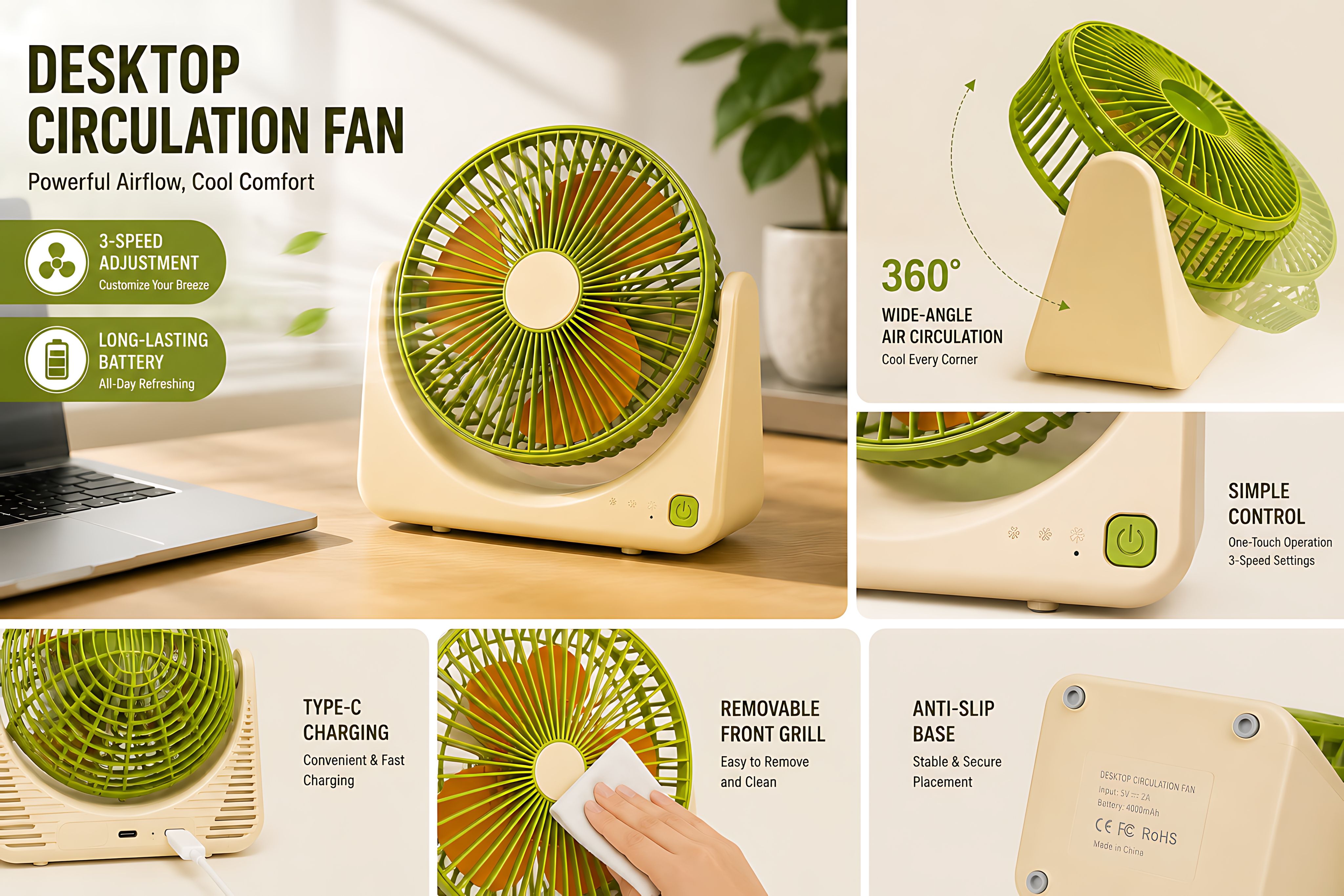 【Portable USB Mini Desk Fan, 3 Speed Adjustable, Ultra Quiet 36dB(A), 500mAh Rechargeable Battery, 1-3H Long Endurance, Lightweight 0.34kg Personal Cooling Fan — image 2