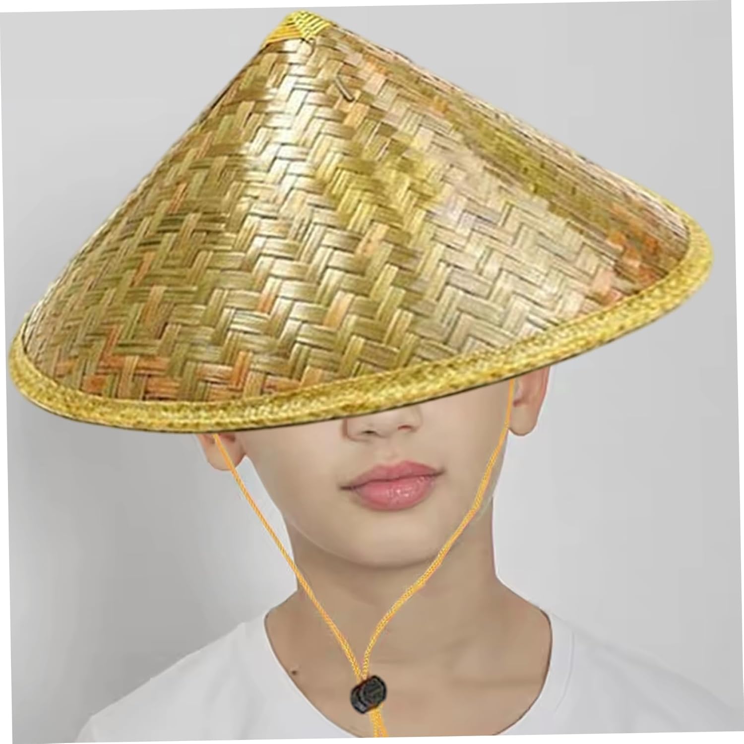 Retro Chinese Bamboo Rattan Fisherman Hat, Handmade Weave Bucket Hat, Rice with Adjustable Rope, 14 Inch Fishing Sunshade Cap for Farmer Fishing, Light Yellow โ image 3