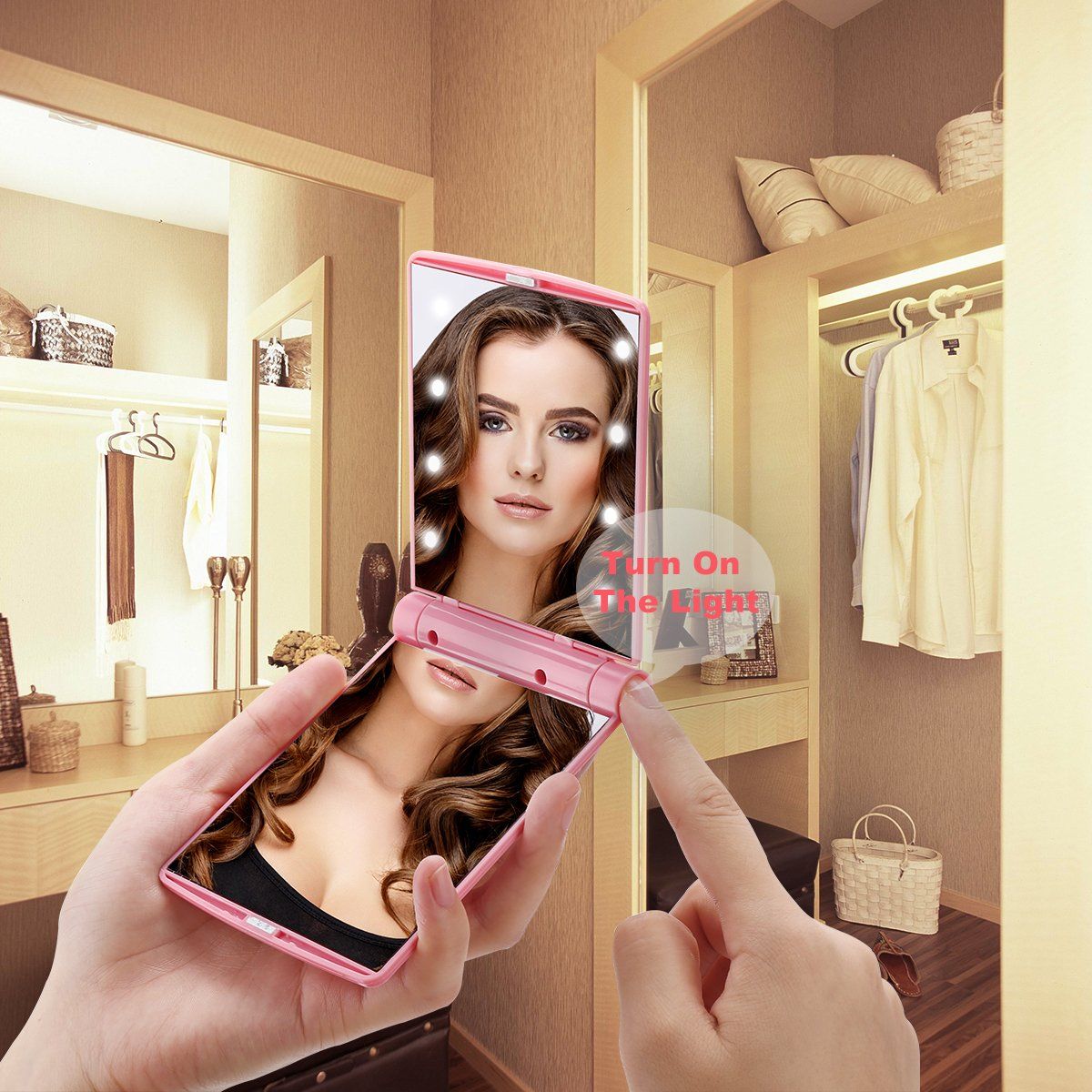 Makeup Mirror, Compact Mirror Travel Folding with Lights, Portable Handheld Mini Pocket Purse Size Mirrors for Women (Pink) — image 2