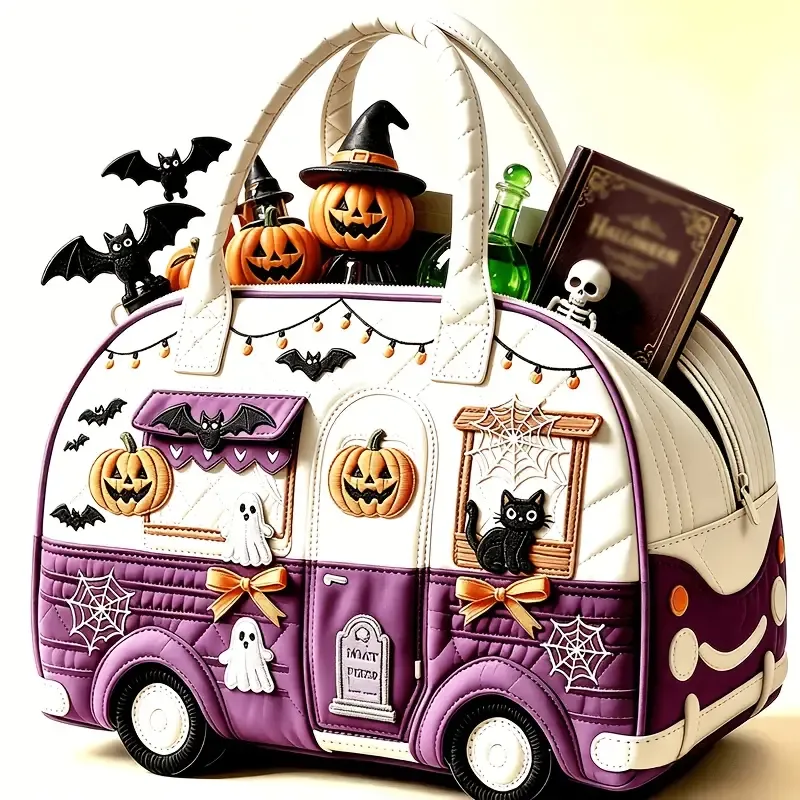 π Halloween Vintage RV-Shaped Tote Bag, Durable Polyester, Portable & Essential for Festive Outings! π