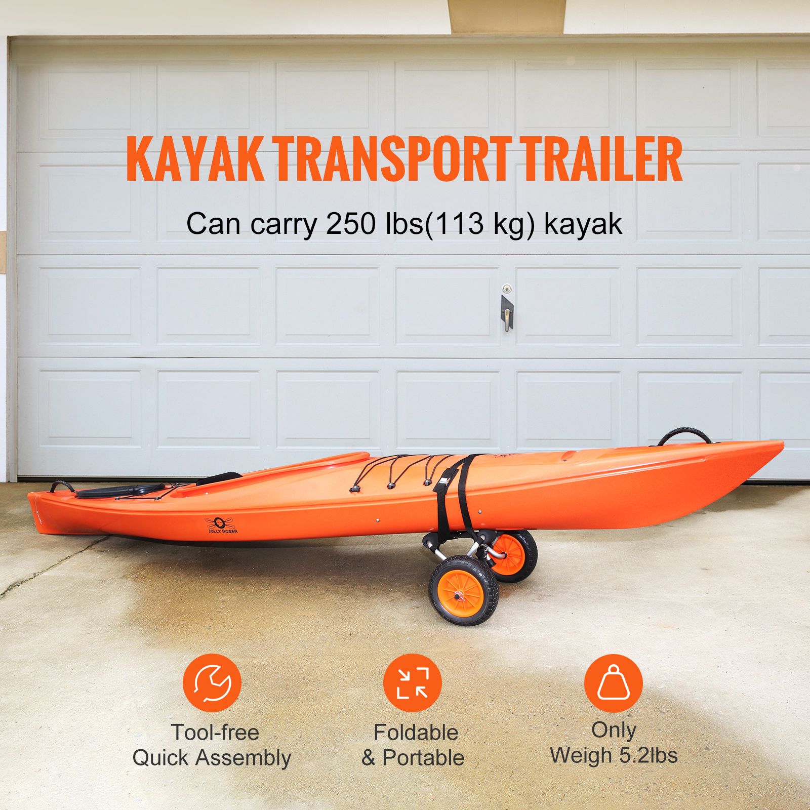 Foldable Kayak Cart Canoe Boat Carrier 250lbs Load with 10'' Solid Tires — image 2
