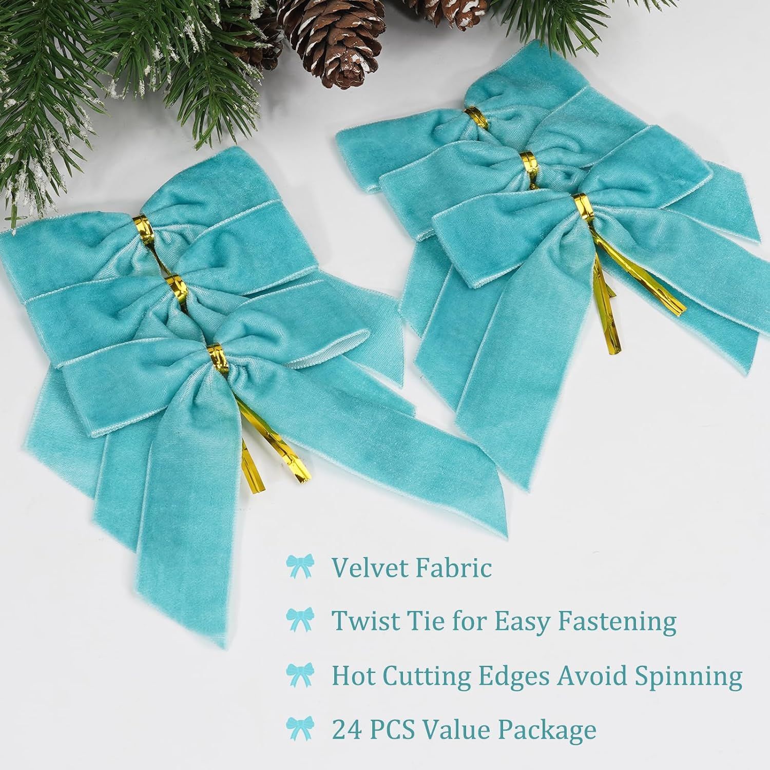 Blue Velvet Bows for Christmas Tree, 24 PCS Velvet Ribbon Bow Ornaments for Xmas Tree, Small Teal Christmas Bows Decorations for Wreaths, Garland, Gift โ image 2