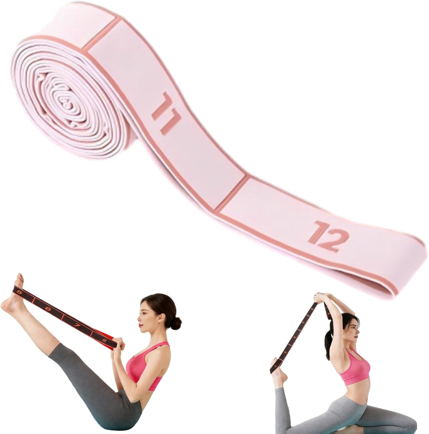 2-Pack Pink 12-Loop Numbered Yoga Stretch Strap(4 × 138CM) - Durable Multi-Segment Resistance Fitness Band for Pilates & Gym
