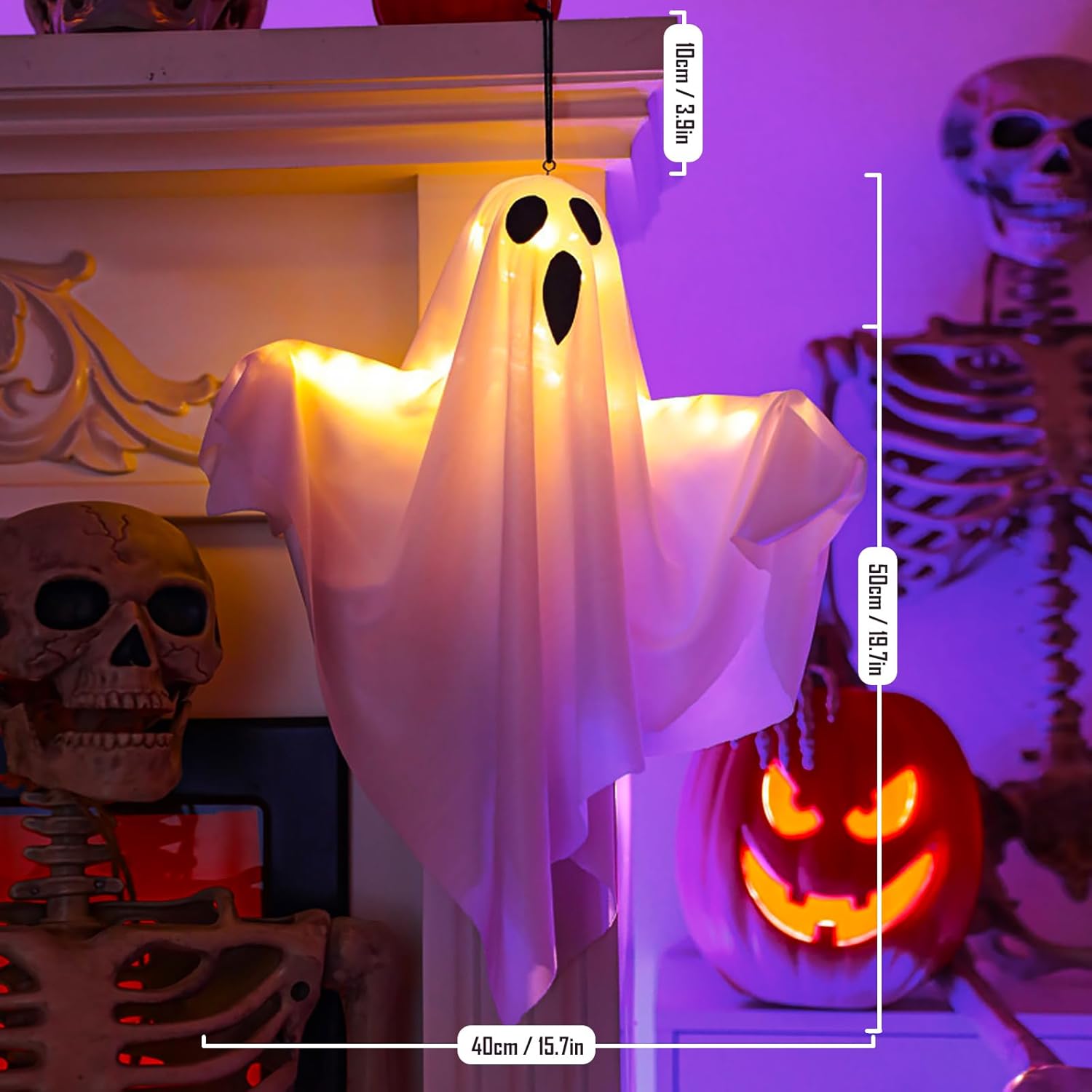 2 Pack LED Hanging Ghost Decorations, Light-Up Outdoor Halloween Garden Ornaments for Porch, Trees and Party Decor, White — image 2