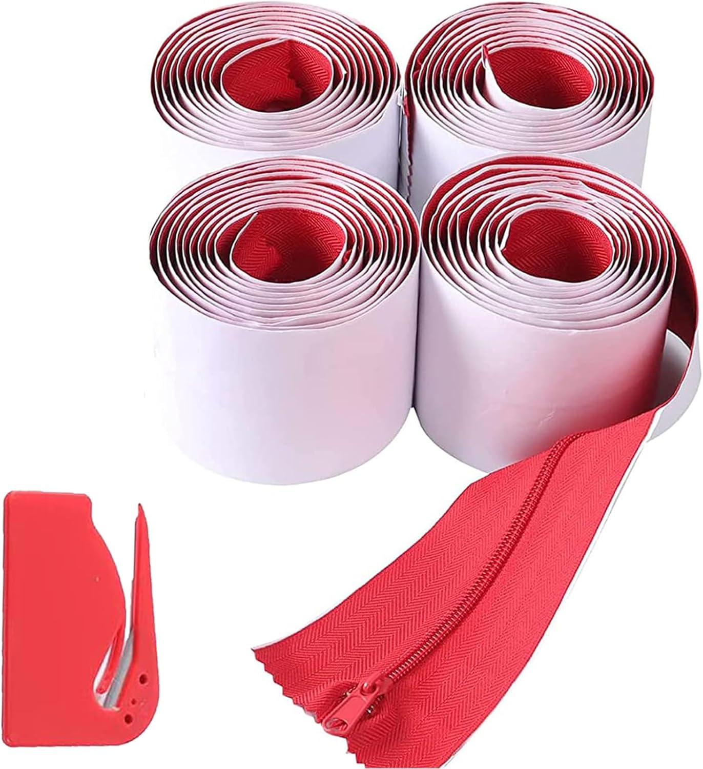 4-Pack Heavy-Duty Dust Protector Zipper (Red) - Self-Adhesive Instant Door Zipper - 7 Ft Length x 3" Width - Includes 4 Zippers and Plastic Sheeting Cutter