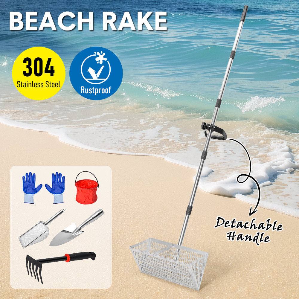 Beach Rake Stainless Steel Sand Flea Rake 140cm Long Detachable Handle and Shark Tooth Wide Sifter for Easy Sand Flea Removal with Bonus Basket and — image 2
