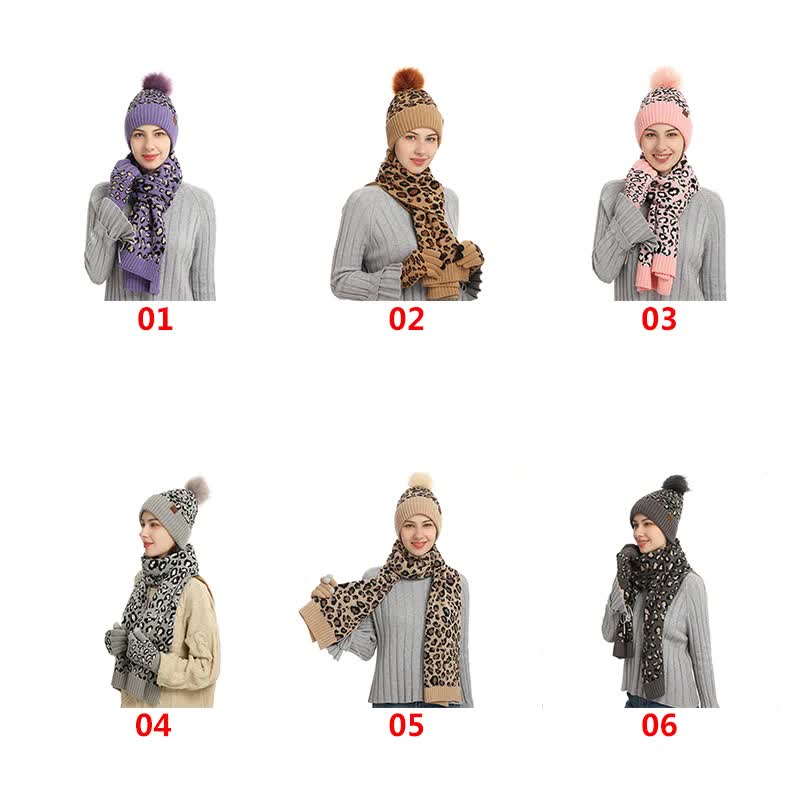 Dark Grey Women's 3-Piece Winter Knit Set - Leopard Print Plush Lined Beanie Hat, Scarf & Touchscreen Gloves — image 3