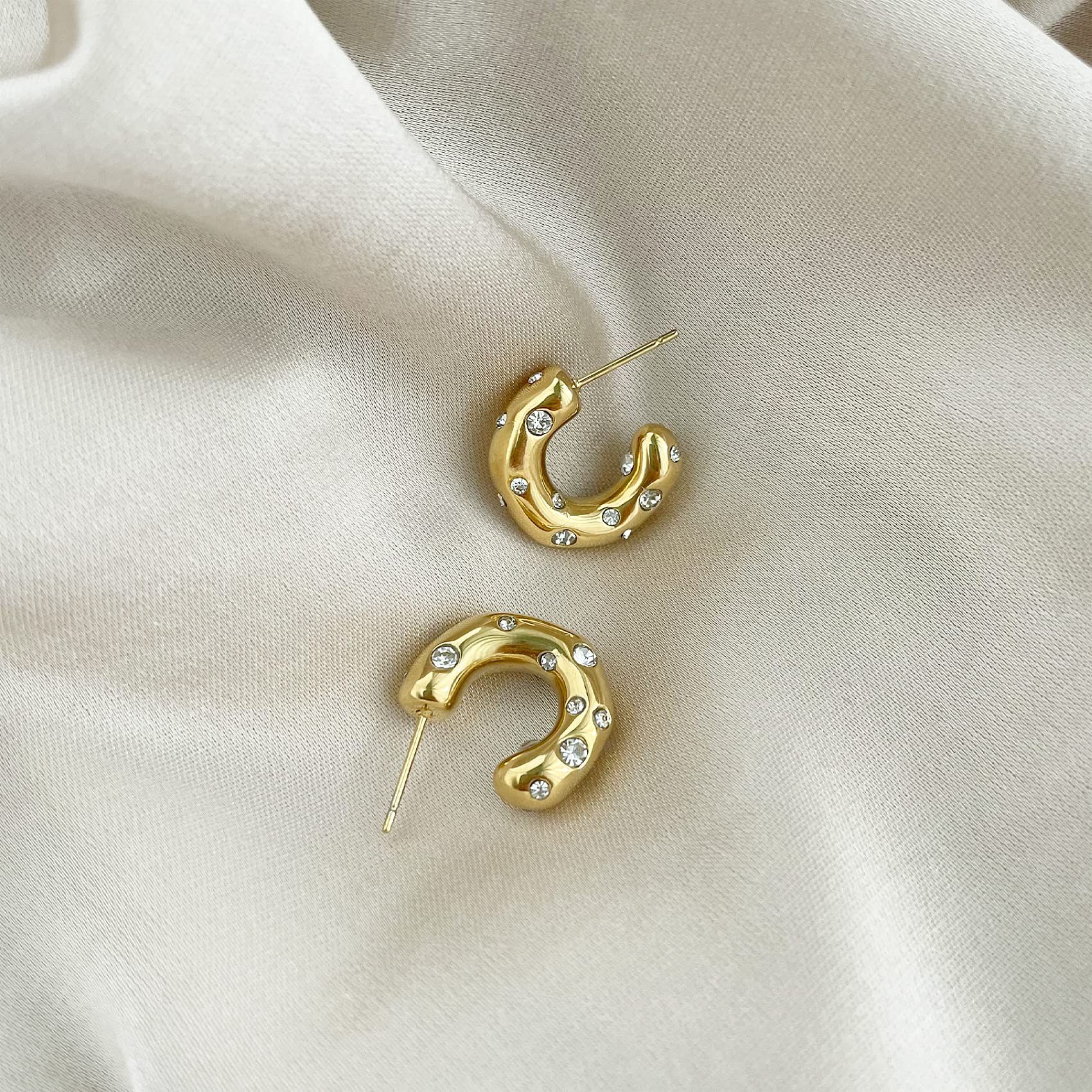 Gold Plated Pearl C-shape Stud Earrings, Gold Vermeil Clear Cubic Zirconia Earrings, Half Hoop Earrings for Women — image 5