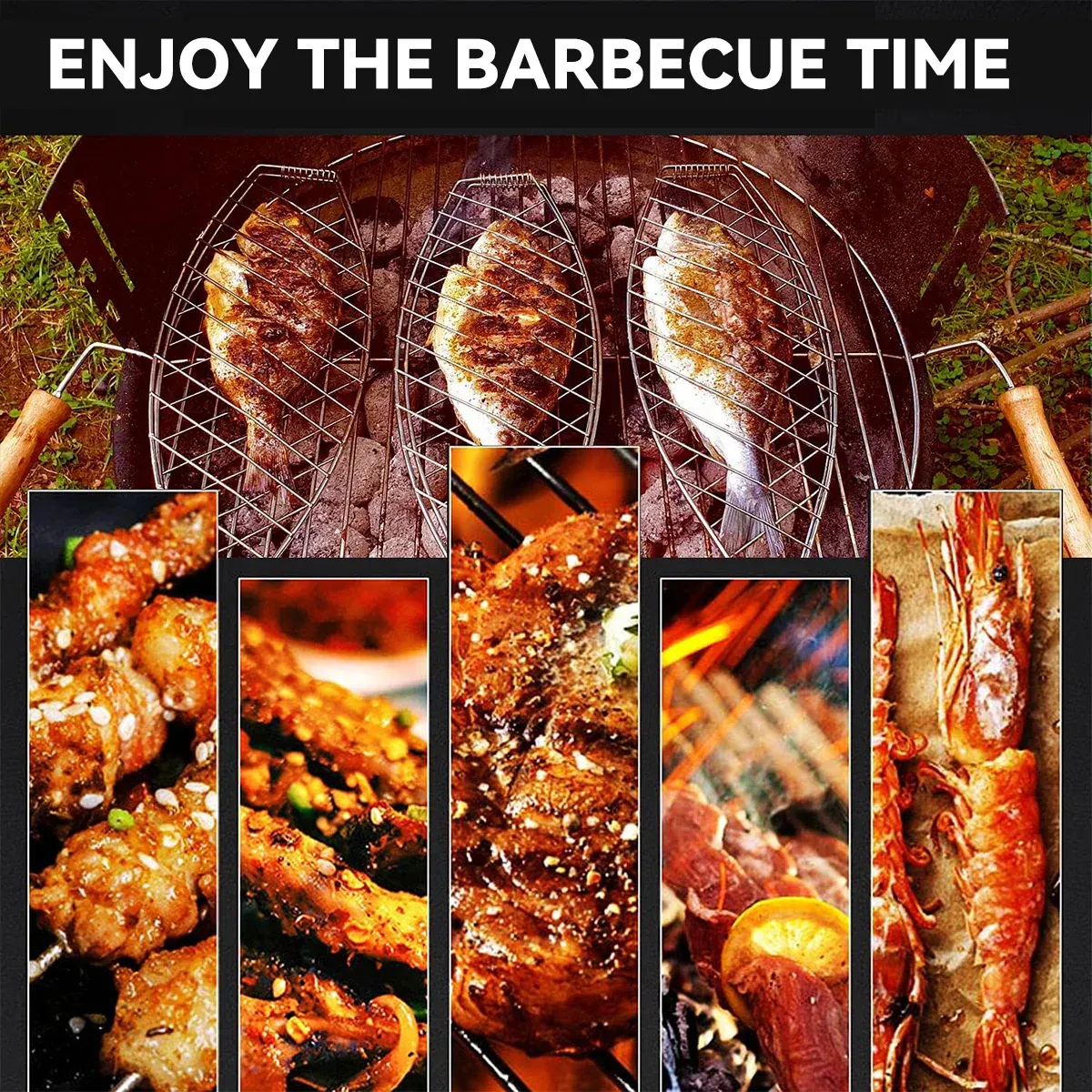 Barbecue Net Clamp Iron Wire Mesh with Wooden Handle for Camping Grill - 43x15cm โ image 6