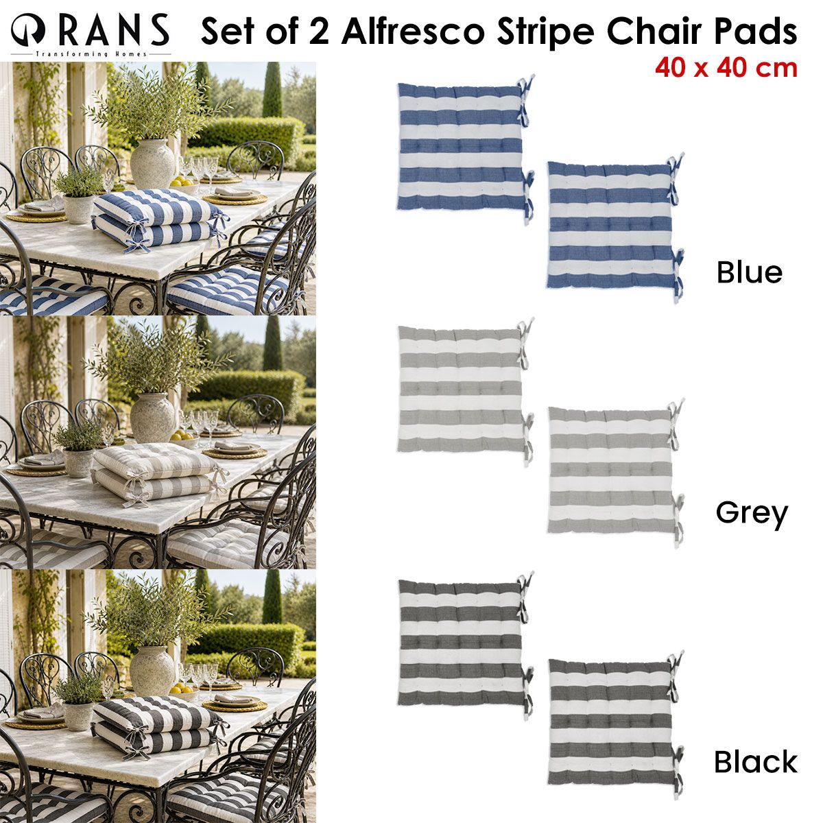 Rans Set of 2 Alfresco Stripe Chair Cushion Pads 40 x 40 cm Black โ image 2