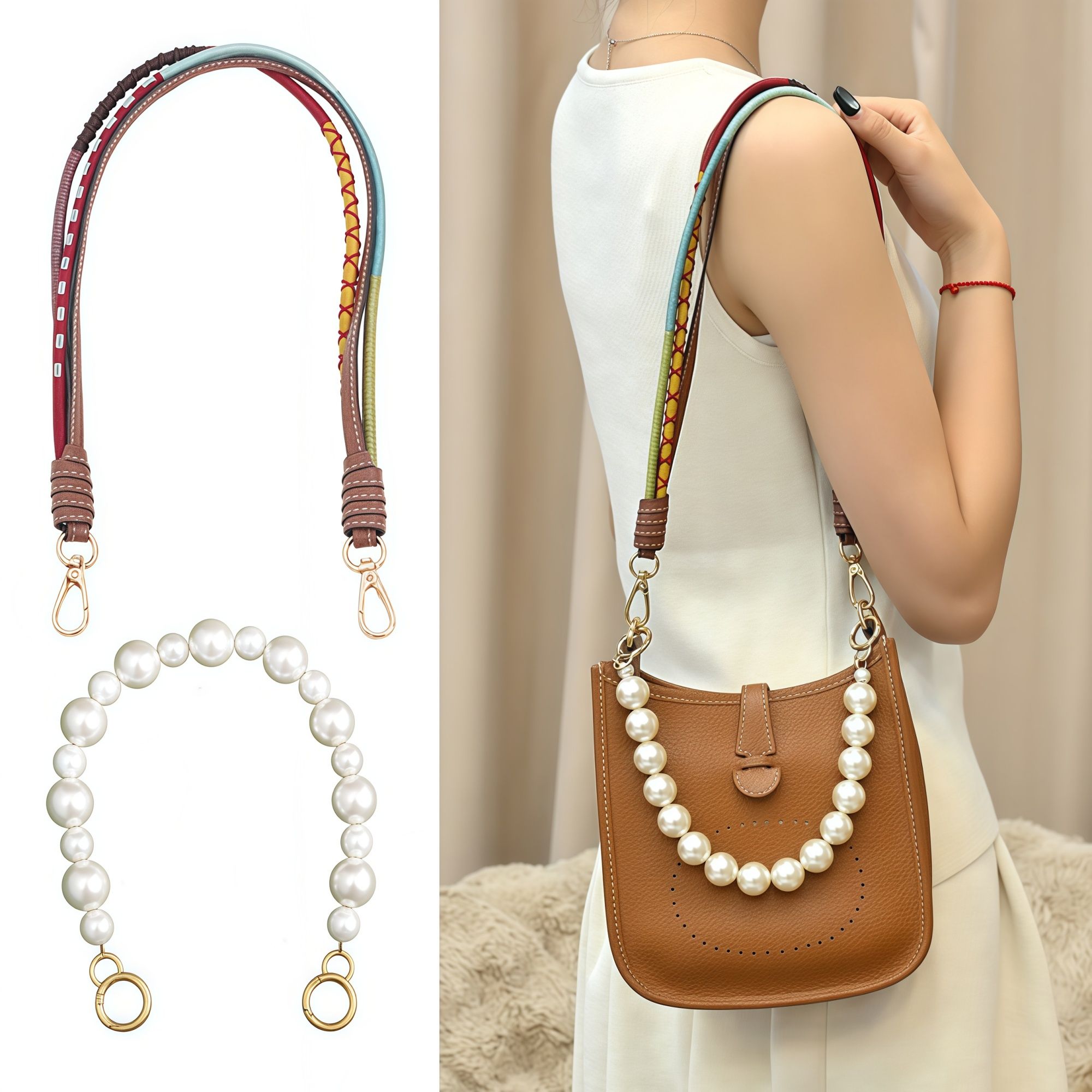 Mini Bag Replacement Thin Shoulder Strap with 2 Adapters for Longchamp,Imitation Pearl Bead Purse Handle Strap Bag Charms Handbag Chain Accessories Decoration