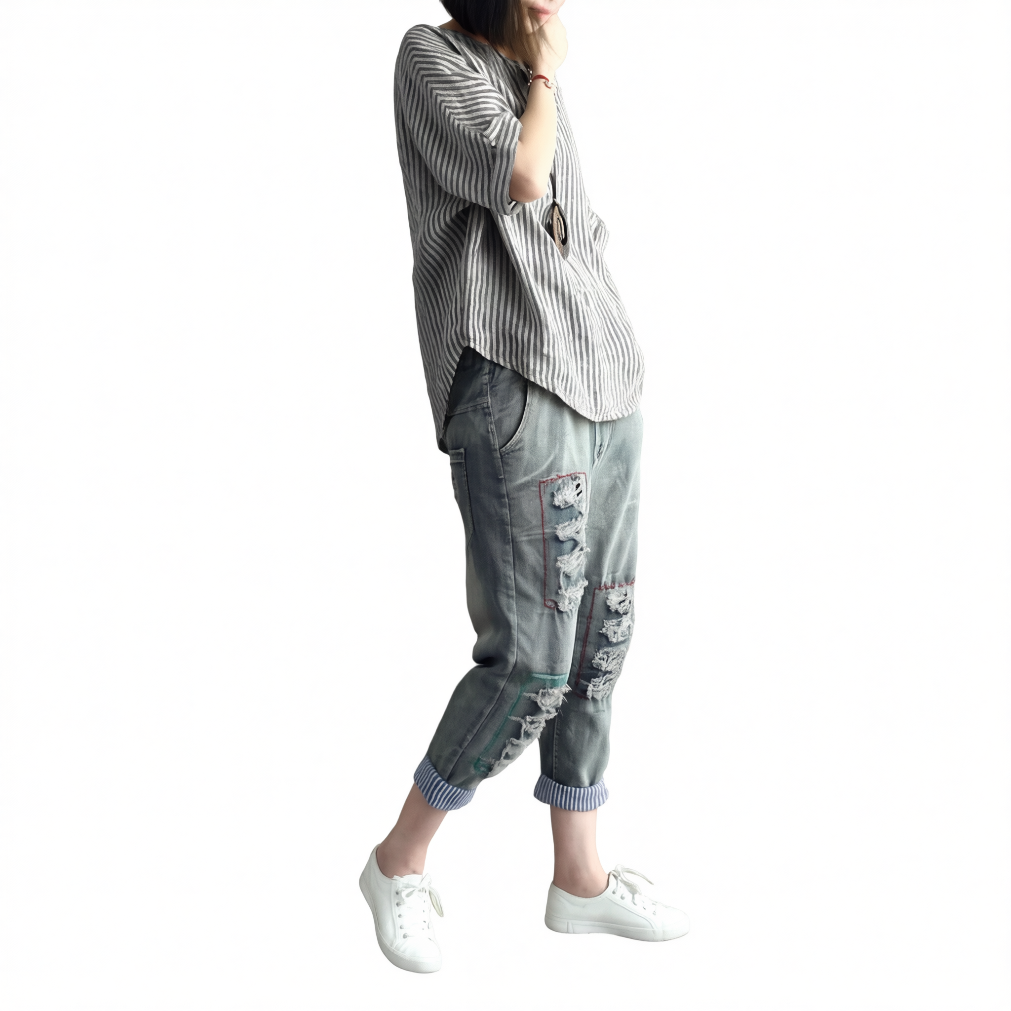 Women Striped Cotton Blend Batwing Casual Top T-Shirt Large quantity in stock, shipped within seconds on the same day M — image 3
