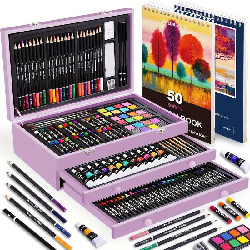 Wood color 175-Piece Deluxe Art Set with 2 Drawing Boards, Wax Crayons, Acrylic Paints, Colored Pencils, Wooden Storage Case – Professional Painting Kit, Art — image 5