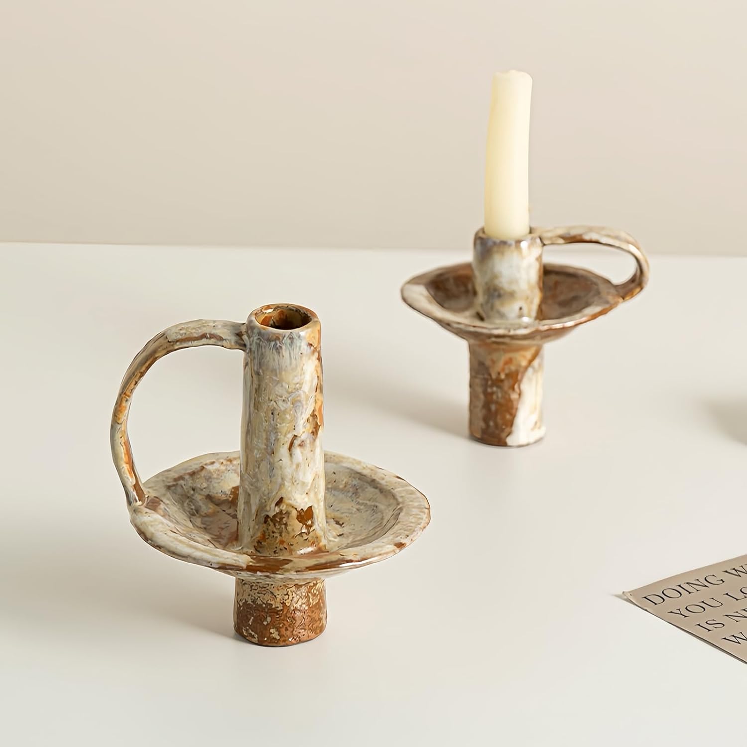 Taper Candle Holders, Vintage Ceramic Pillar Brass Candle Holder, Handmade Candlesticks Holders, Candle Sticks Holder Decor 7/8" ID Set of 2 โ image 2