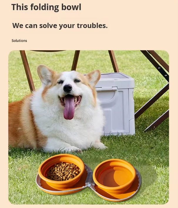 Portable Silicone Double Pet Bowl - Collapsible Travel Dog Feeder for Food & Water - 2 x 450ml Capacity with Zipper Case - Light Yellow โ image 6