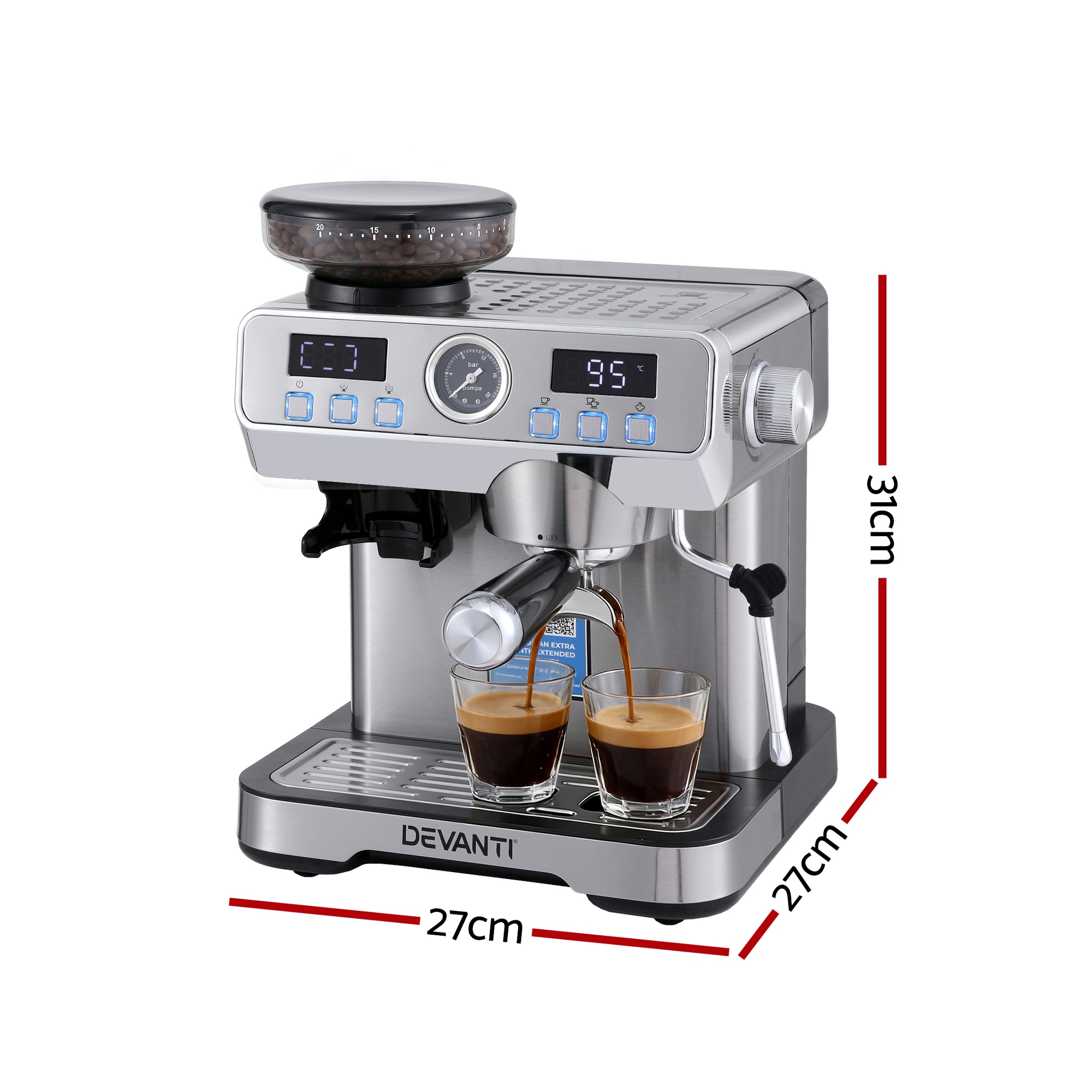 Devanti Coffee Machine Espresso Latte Maker with Grinder Milk Frother Steam Wand — image 2
